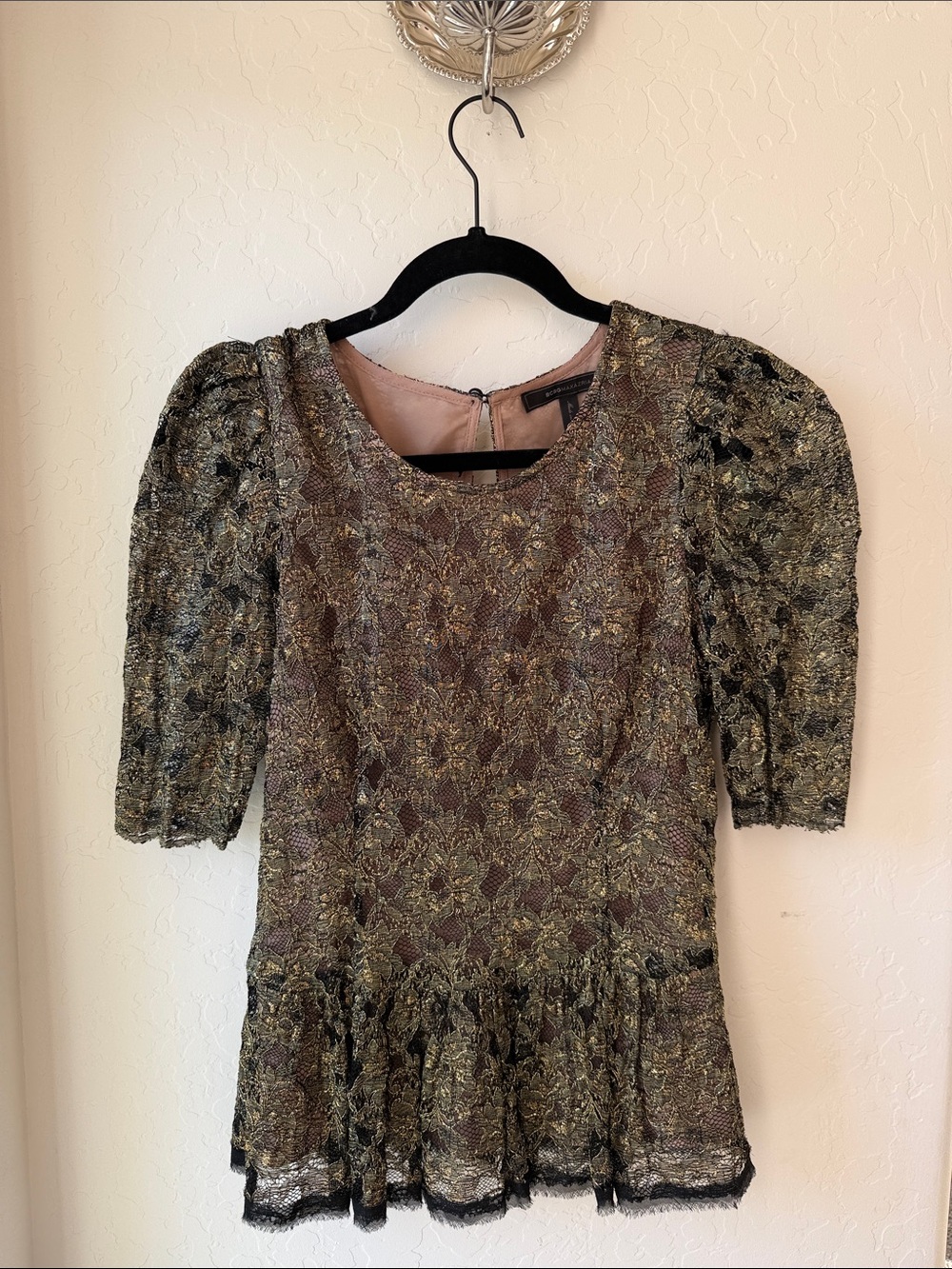 BCBG Maxazria Gold Lace Sparkle Holiday Peplum Top